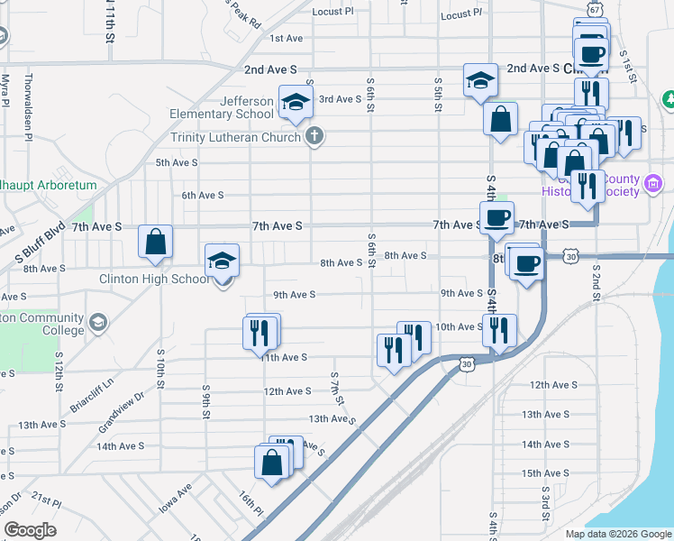 map of restaurants, bars, coffee shops, grocery stores, and more near 636 8th Avenue South in Clinton
