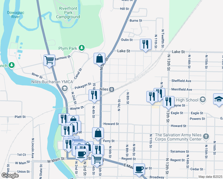 map of restaurants, bars, coffee shops, grocery stores, and more near 598 Dey Street in Niles