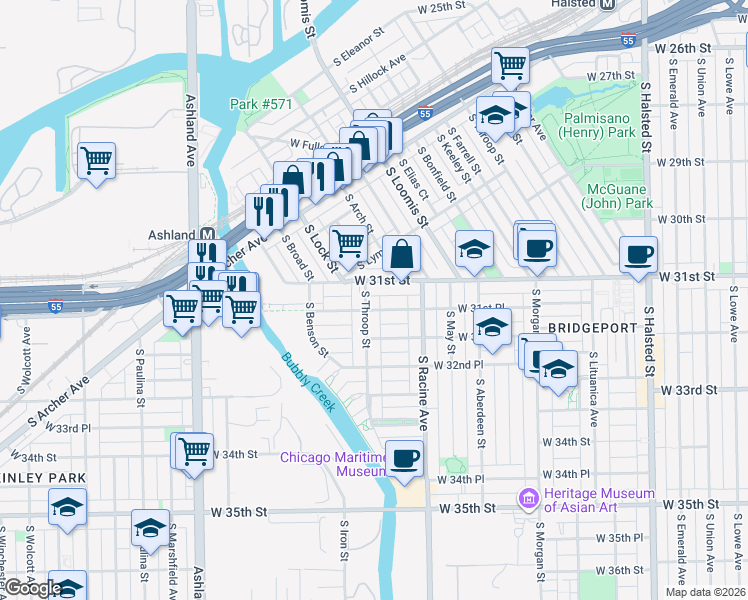 map of restaurants, bars, coffee shops, grocery stores, and more near 1260 West 31st Street in Chicago