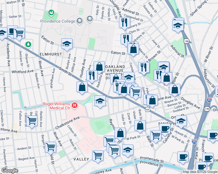 map of restaurants, bars, coffee shops, grocery stores, and more near 120 Oakland Avenue in Providence