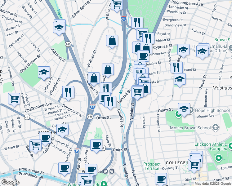 map of restaurants, bars, coffee shops, grocery stores, and more near 201 Charles Street in Providence