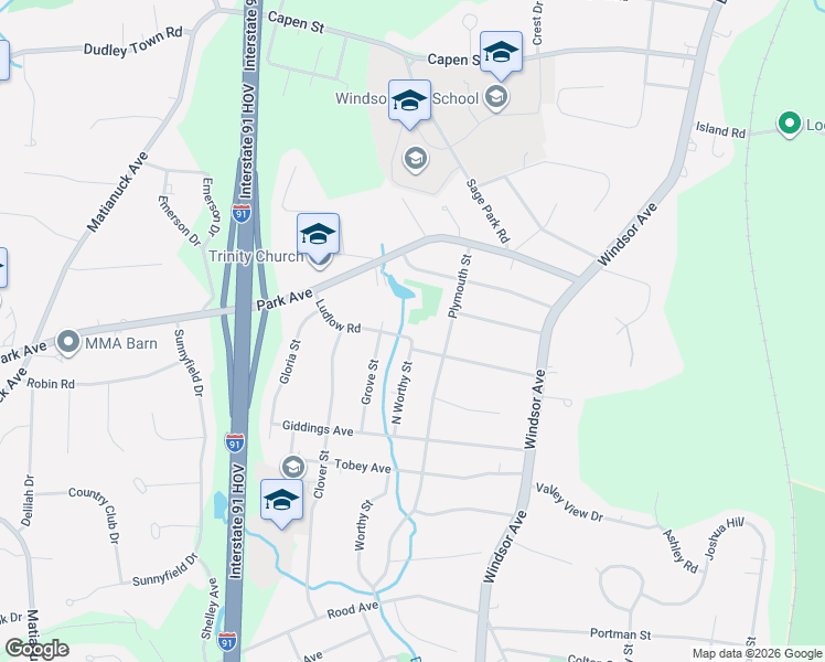 map of restaurants, bars, coffee shops, grocery stores, and more near 90 Ludlow Road in Windsor
