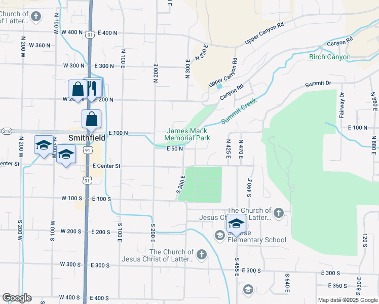 map of restaurants, bars, coffee shops, grocery stores, and more near 61 North 330 East in Smithfield