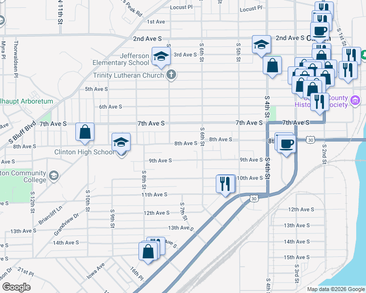map of restaurants, bars, coffee shops, grocery stores, and more near 636 8th Avenue South in Clinton