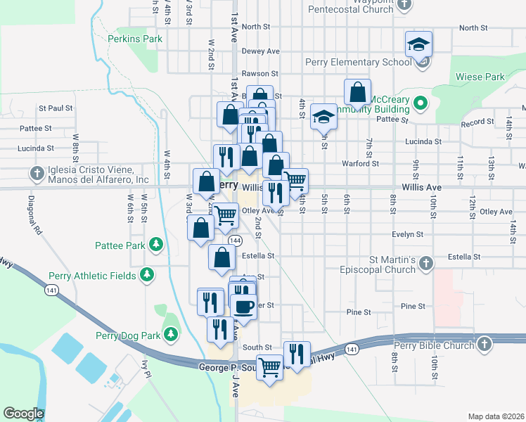 map of restaurants, bars, coffee shops, grocery stores, and more near 1017 Railroad Street in Perry