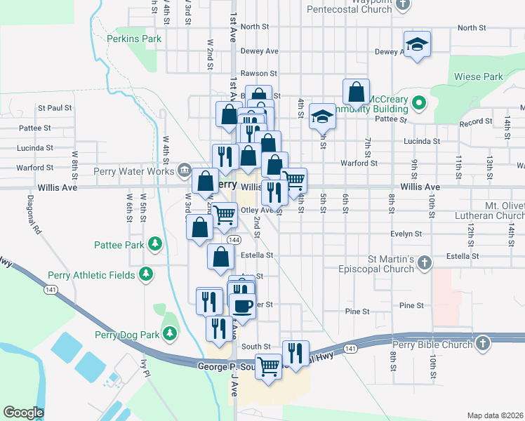 map of restaurants, bars, coffee shops, grocery stores, and more near 1017 Railroad Street in Perry