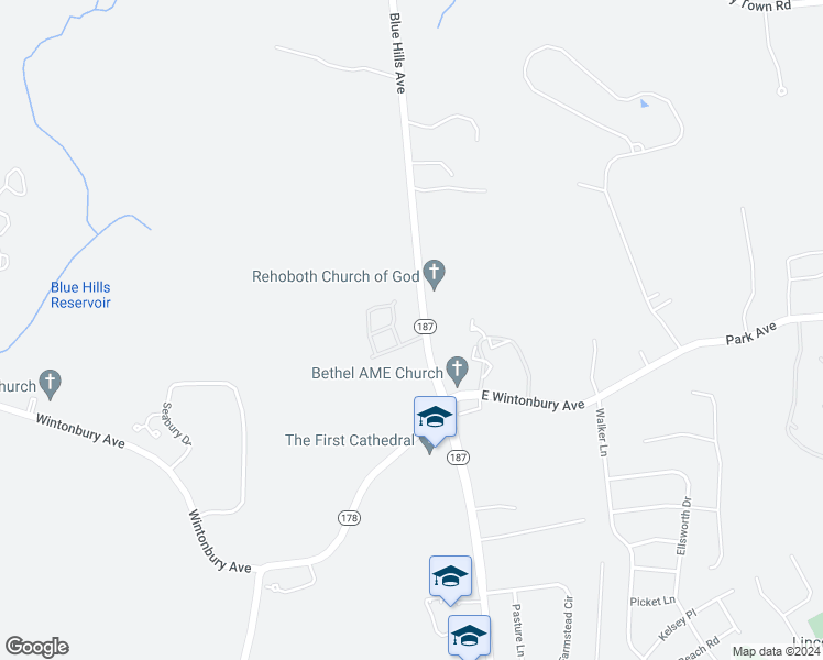 map of restaurants, bars, coffee shops, grocery stores, and more near 20 Wedgewood Drive in Bloomfield