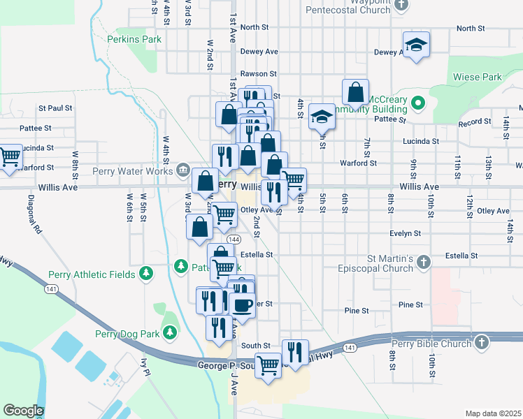 map of restaurants, bars, coffee shops, grocery stores, and more near Railroad Street in Perry