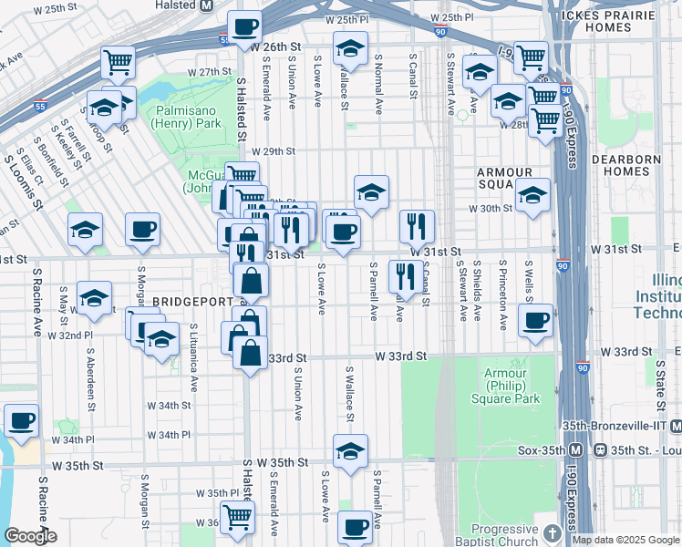 map of restaurants, bars, coffee shops, grocery stores, and more near 3122 South Wallace Street in Chicago