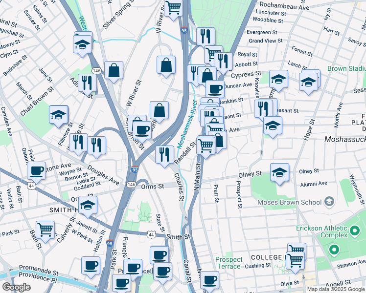 map of restaurants, bars, coffee shops, grocery stores, and more near Interstate 95 in Providence