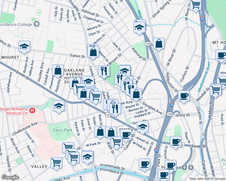 map of restaurants, bars, coffee shops, grocery stores, and more near 244 Rhode Island 7 in Providence