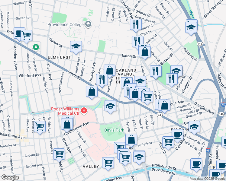map of restaurants, bars, coffee shops, grocery stores, and more near 41 Radcliffe Avenue in Providence