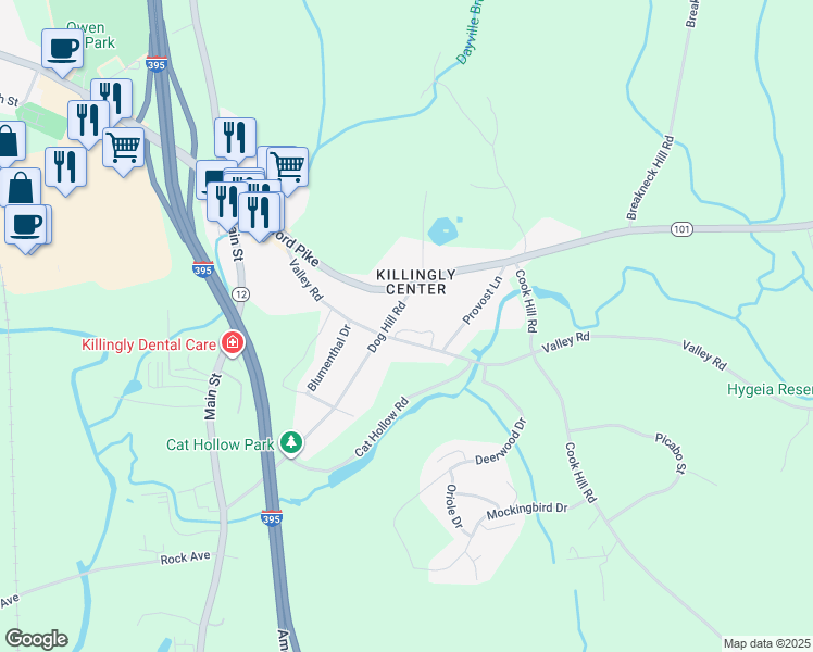 map of restaurants, bars, coffee shops, grocery stores, and more near in Killingly
