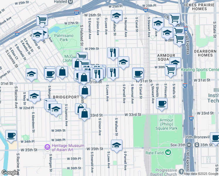 map of restaurants, bars, coffee shops, grocery stores, and more near 615 West 31st Street in Chicago