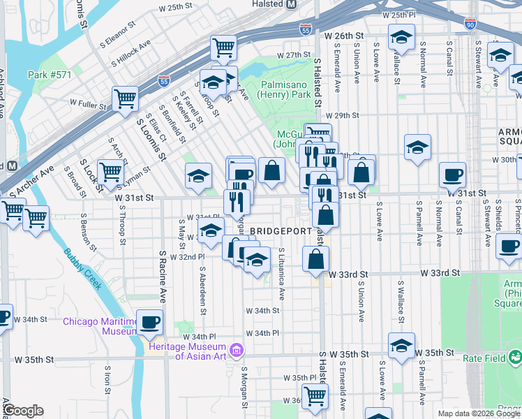 map of restaurants, bars, coffee shops, grocery stores, and more near 919 West 31st Street in Chicago