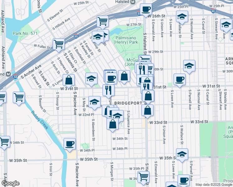 map of restaurants, bars, coffee shops, grocery stores, and more near 960 West 31st Street in Chicago