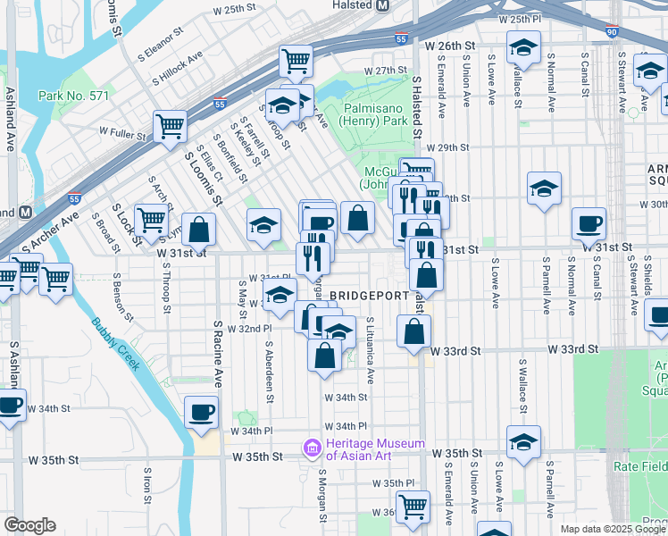 map of restaurants, bars, coffee shops, grocery stores, and more near 960 West 31st Street in Chicago