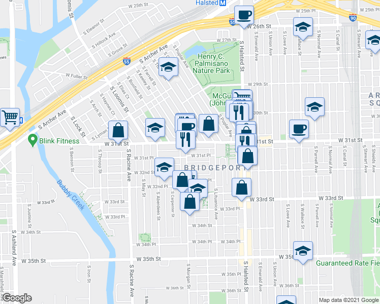 map of restaurants, bars, coffee shops, grocery stores, and more near 960 West 31st Street in Chicago