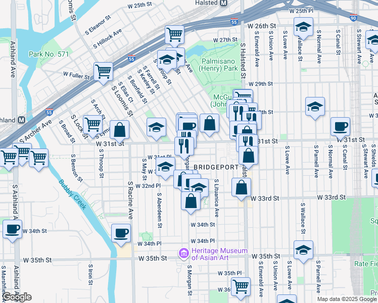 map of restaurants, bars, coffee shops, grocery stores, and more near 960 West 31st Street in Chicago