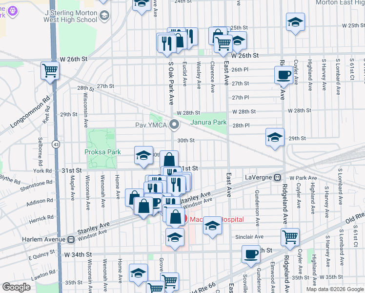 map of restaurants, bars, coffee shops, grocery stores, and more near 3002 Euclid Avenue in Berwyn
