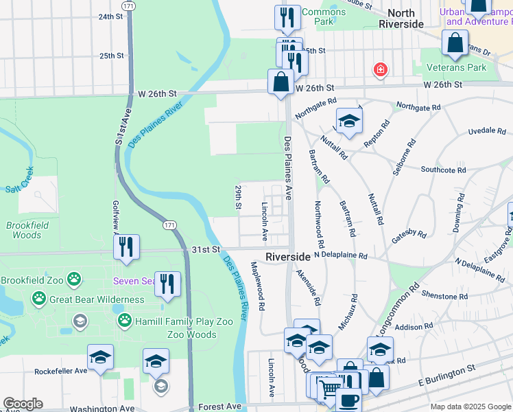 map of restaurants, bars, coffee shops, grocery stores, and more near 2900 Lincoln Avenue in North Riverside