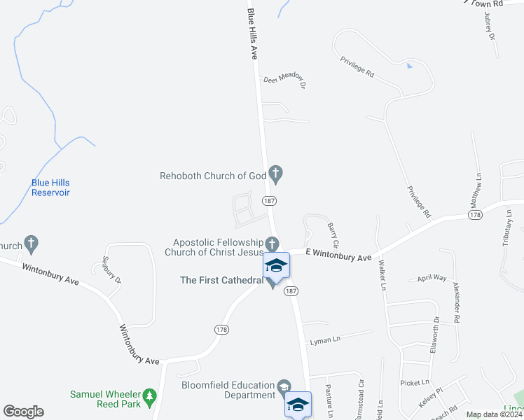 map of restaurants, bars, coffee shops, grocery stores, and more near 18 Wedgewood Drive in Bloomfield
