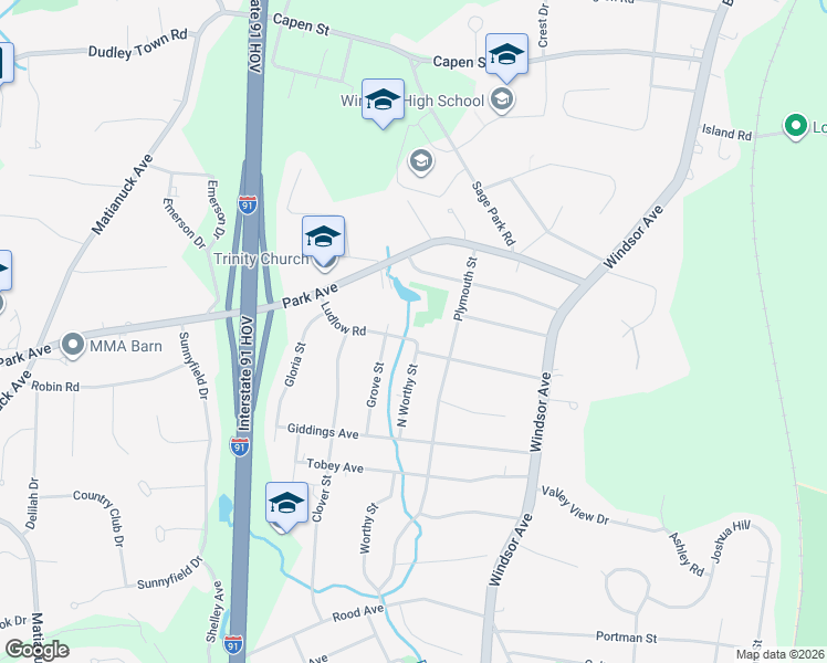 map of restaurants, bars, coffee shops, grocery stores, and more near 86 Ludlow Road in Windsor