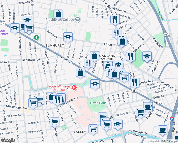 map of restaurants, bars, coffee shops, grocery stores, and more near 651 Smith Street in Providence