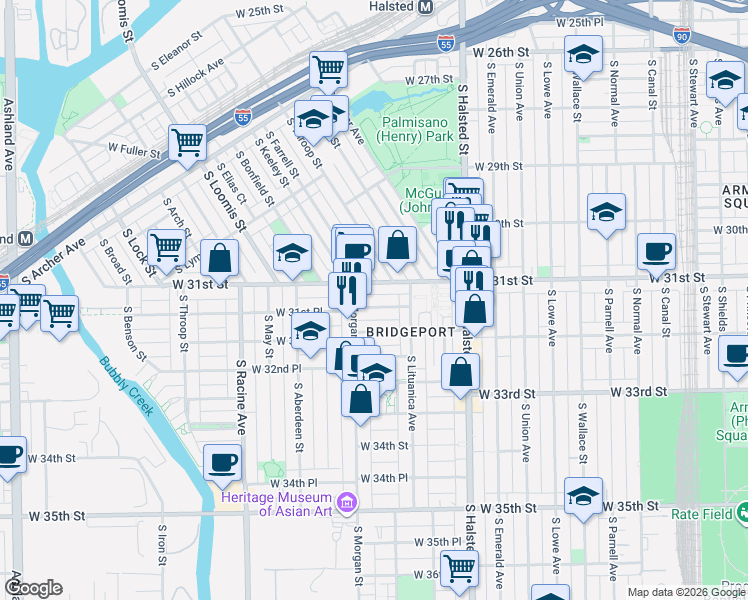 map of restaurants, bars, coffee shops, grocery stores, and more near 960 West 31st Street in Chicago