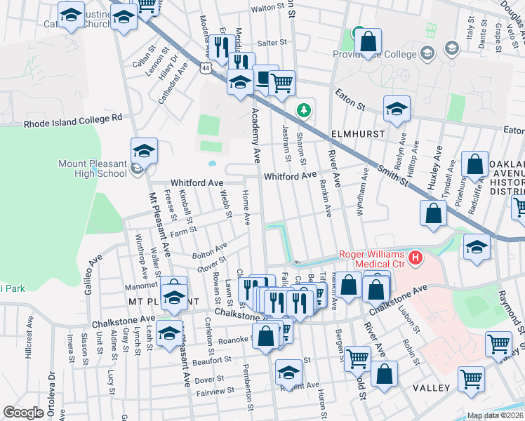 map of restaurants, bars, coffee shops, grocery stores, and more near 480 Academy Avenue in Providence