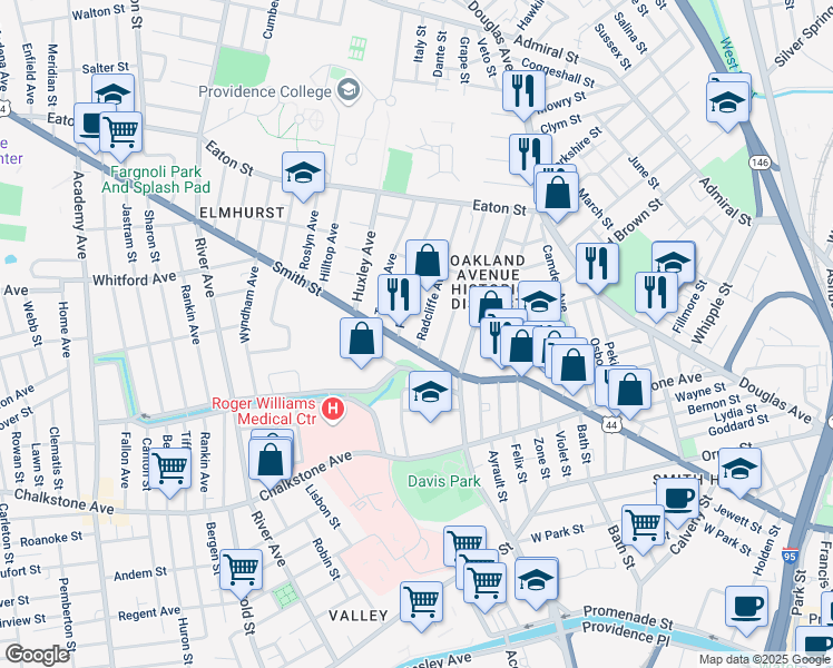 map of restaurants, bars, coffee shops, grocery stores, and more near 16 Radcliffe Avenue in Providence