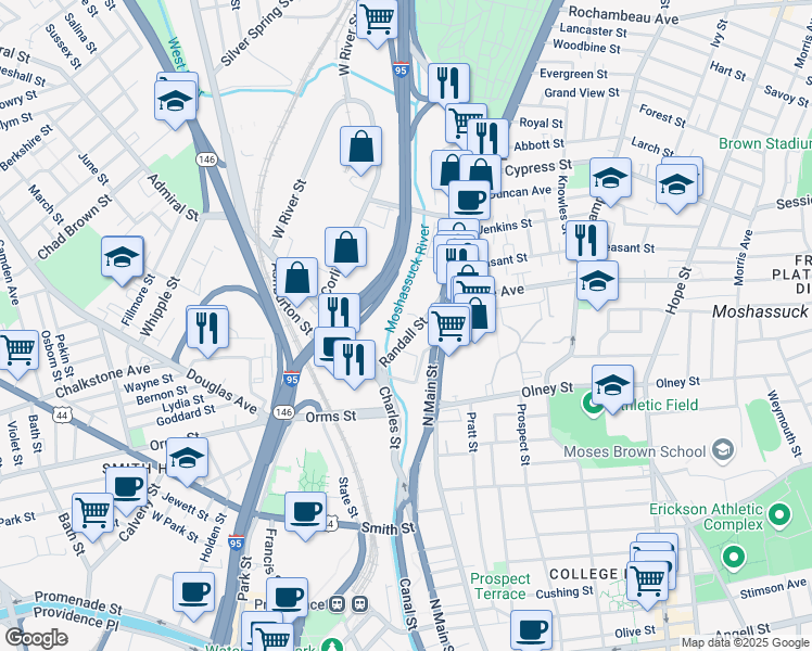 map of restaurants, bars, coffee shops, grocery stores, and more near 20 Randall Street in Providence