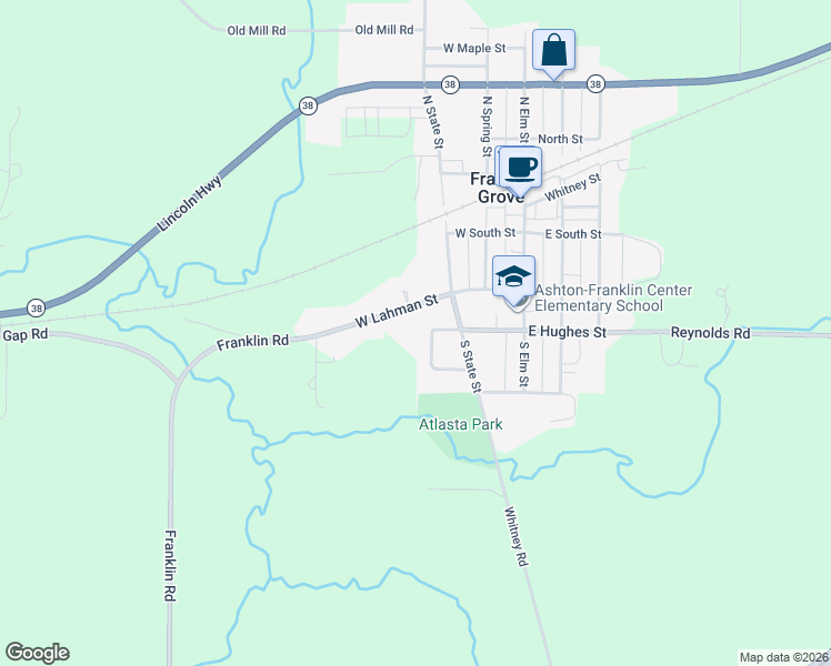 map of restaurants, bars, coffee shops, grocery stores, and more near 338 West Lahman Street in Franklin Grove