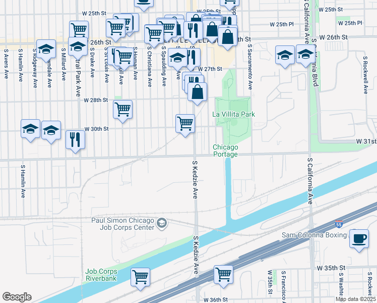map of restaurants, bars, coffee shops, grocery stores, and more near 3045 South Kedzie Avenue in Chicago