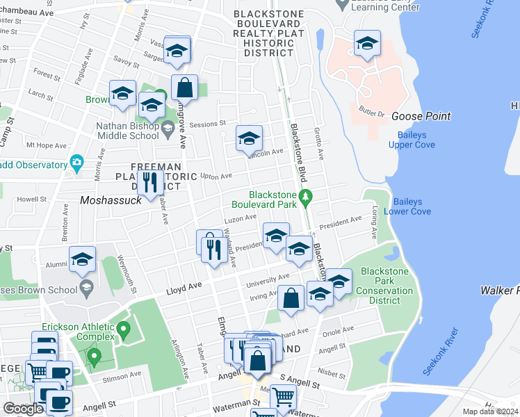 map of restaurants, bars, coffee shops, grocery stores, and more near 196 Laurel Avenue in Providence