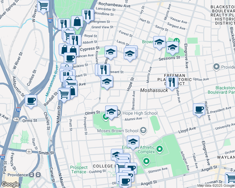 map of restaurants, bars, coffee shops, grocery stores, and more near 216 Howell Street in Providence