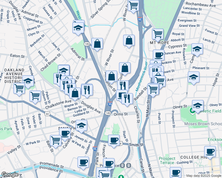 map of restaurants, bars, coffee shops, grocery stores, and more near 53 Ashburton Street in Providence
