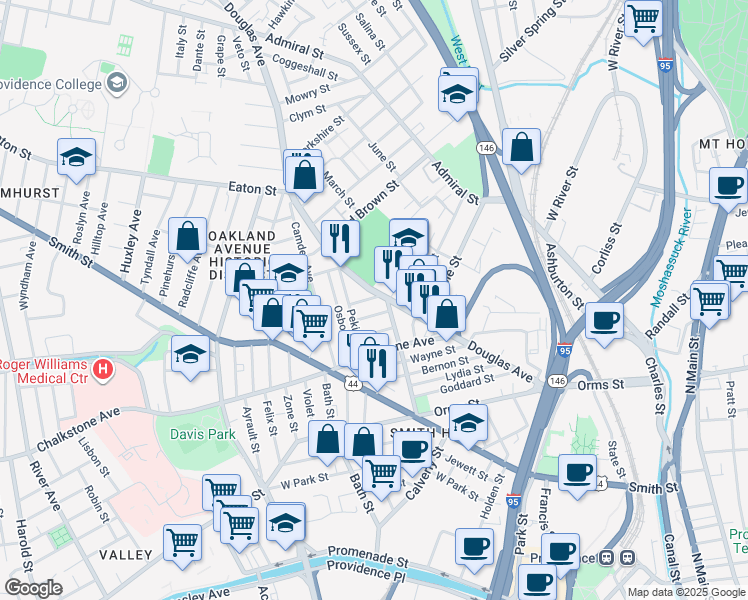 map of restaurants, bars, coffee shops, grocery stores, and more near 244 Rhode Island 7 in Providence