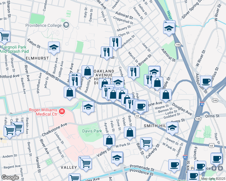 map of restaurants, bars, coffee shops, grocery stores, and more near 110 Ruggles Street in Providence