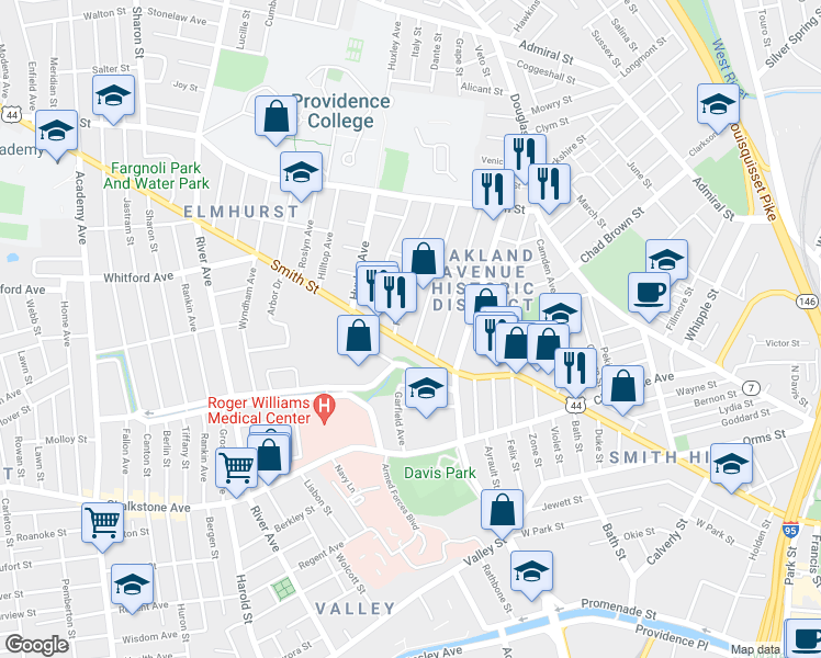 map of restaurants, bars, coffee shops, grocery stores, and more near 41 Radcliffe Avenue in Providence