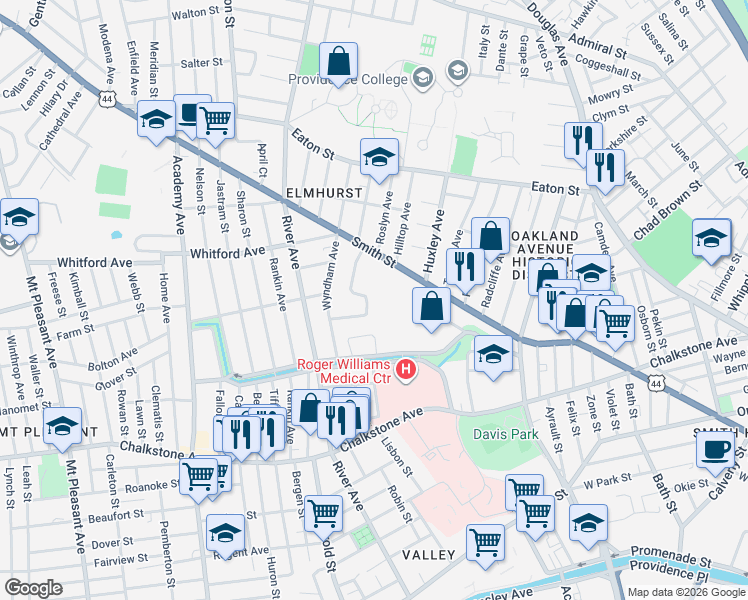 map of restaurants, bars, coffee shops, grocery stores, and more near in Providence