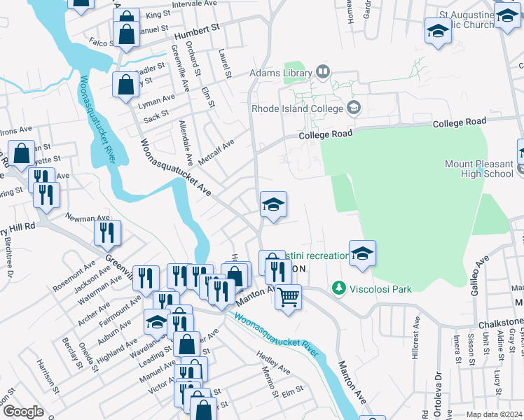 map of restaurants, bars, coffee shops, grocery stores, and more near 150 Fruit Hill Avenue in Providence