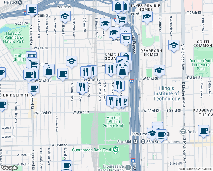 map of restaurants, bars, coffee shops, grocery stores, and more near 311 West 31st Street in Chicago