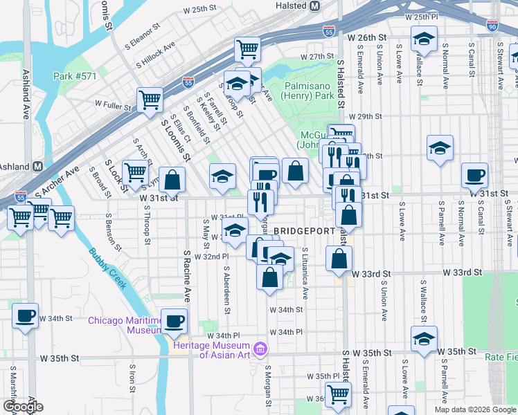 map of restaurants, bars, coffee shops, grocery stores, and more near 960 West 31st Street in Chicago