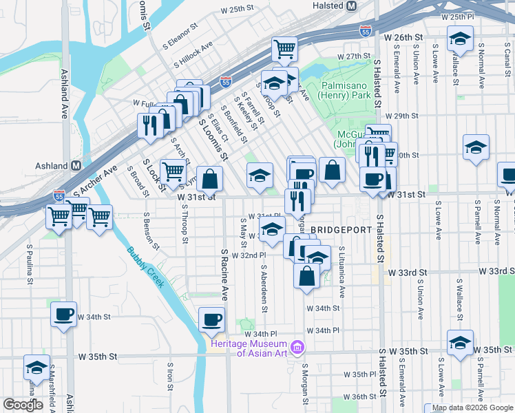 map of restaurants, bars, coffee shops, grocery stores, and more near 1103 West 31st Street in Chicago