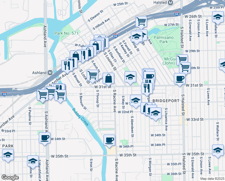 map of restaurants, bars, coffee shops, grocery stores, and more near 1222 West 31st Street in Chicago