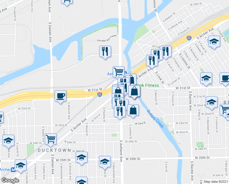 map of restaurants, bars, coffee shops, grocery stores, and more near 3111 South Archer Avenue in Chicago