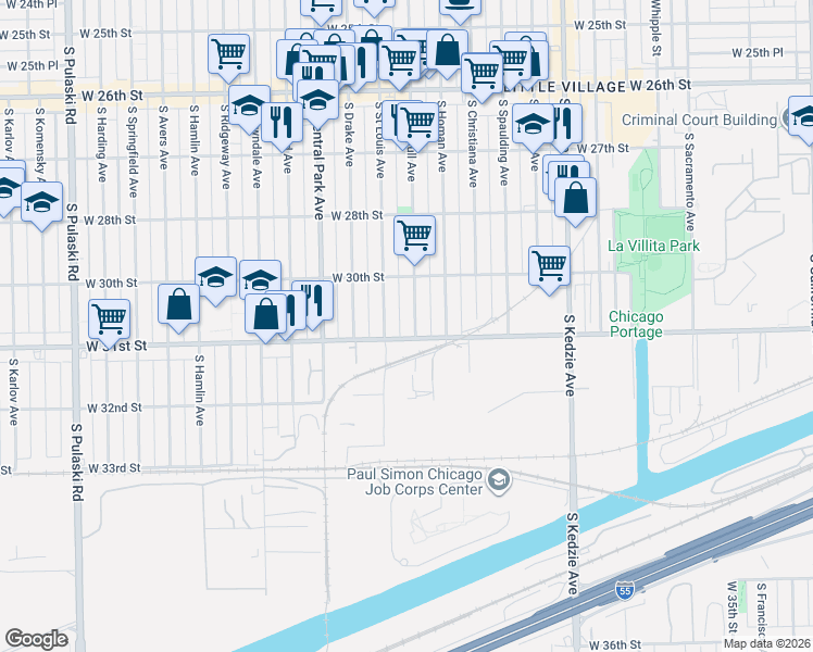 map of restaurants, bars, coffee shops, grocery stores, and more near 3030 South Trumbull Avenue in Chicago