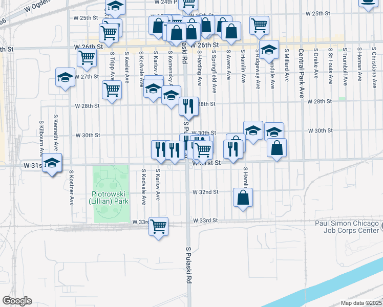 map of restaurants, bars, coffee shops, grocery stores, and more near 3022 South Pulaski Road in Chicago