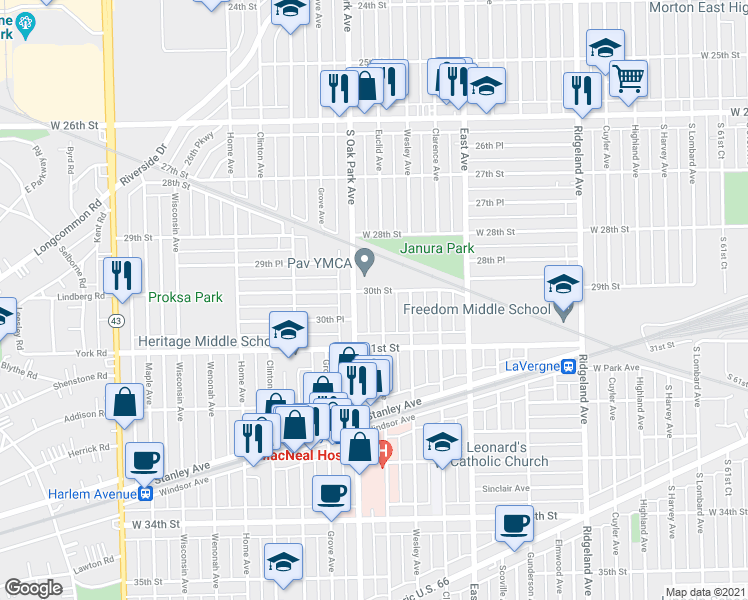 map of restaurants, bars, coffee shops, grocery stores, and more near 3002 Euclid Avenue in Berwyn